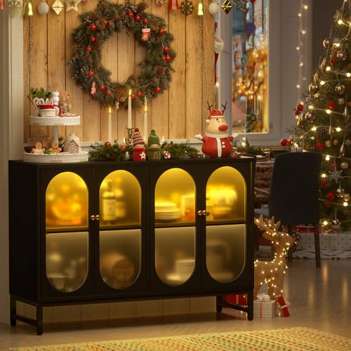 Aheaplus Sideboard Buffet Cabinet with Power Outlet, Kitchen Sideboard Storage Cabinet with LED Light, 4 Doors, Modern Accent Cabinet Coffee Bar Cabinet Console Table for Kitchen Dining Room, Black Aheaplus