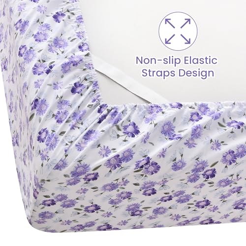 Softan Puple Floral Twin Sheet Set, 3-Piece Microfiber Printed Fitted Sheet with 15" Deep Pockets & Non-Slip Straps, White Flower Patterned Single Bedding Sheets & Pillowcase Set Softan