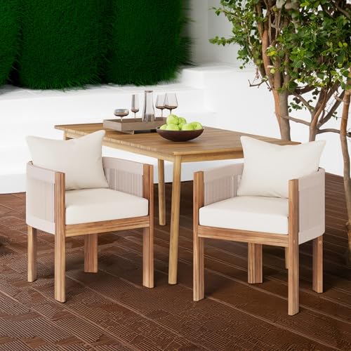 Christopher Knight Home Matera Dining Chair Set of 2, Acacia Wood Outdoor Accent Chair, Farmhouse Patio Kitchen Side Chair, Comfy Reading Chair, Round Backrest and Water Resistant Cushion,Teak+ Beige Christopher Knight Home