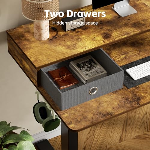 CROWNFURN Electric Standing Desk with Double Drawers,Adjustable Standing Desk with Storage Shelf for Home Office,with 3 Presets & 2 Hooks,48 Inch(Rustic Brown) CROWNFURN