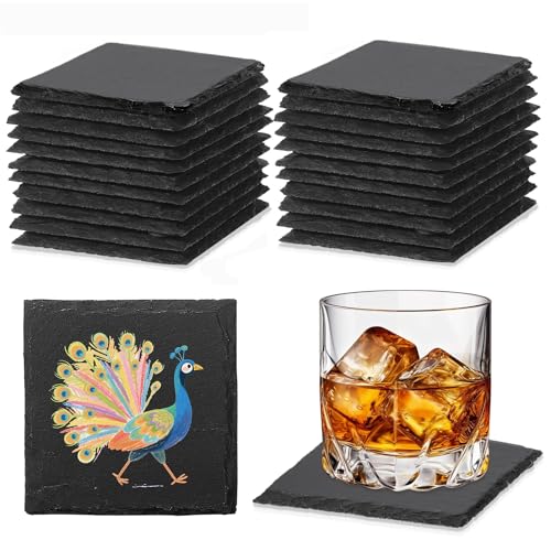 24 PCS Slate Coasters Black Square 4 Inch Bulk Rock, Blank Laser Engraving, Scratch Resistant Bottom, Home Office Kitchen Gift Wedding Bar Party DASSNANE