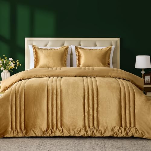 MUSSEL Bedding Comforter Set Queen Size 3 Pieces-Luxury Shiny Gold Striped Lightweight Bedroom Comforter Queen Size,Soft Velvet Bed Set with 2 Shams MUSSEL