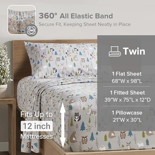 Comfort Spaces Cotton Flannel Sheets Twin Size, Ultra Soft Flannel Sheet Set with 12" Elastic Pocket , Novelty Print Warm Flannel Bedding, Multi Forest Animals 3 Piece Comfort Spaces