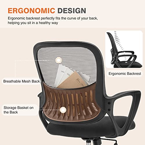 Sweetcrispy Home Office Managerial Executive Chair with Ergonomic Design, Mid-Back Mesh Swivel, Comfortable Lumbar Support, Comfy Arms for Bedroom,Study,Student, Black Sweetcrispy