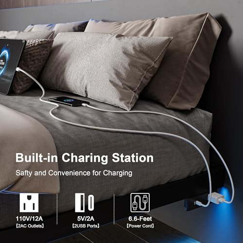 Feonase Queen Floating Bed Frame with Charging Station and Led Lights, Metal Bed Frame with Heavy Duty Steel Slats Supports, No Box Spring Needed, Easy Assembly, Noise Free, Black Feonase