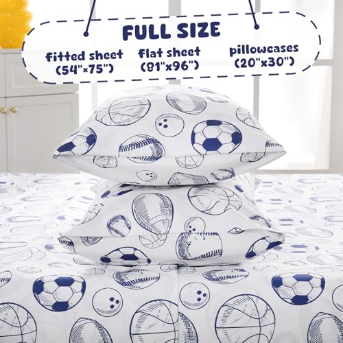 LONAVA Full Sheet Set Kids - 4 Pieces Soft Microfiber Cartoon Style Bedsheets for Boys Girls Teens, Oeko TEX, Breathable Deep Pocket Sheets, (Ball Sports) LONAVA