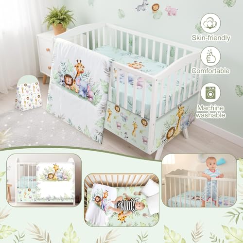 Hahafelt 4 Pieces Baby Crib Bedding Set for Girls and Boys, Soft Baby Bedding Set Including Crib Skirt, Comforter, Sheet and Diaper Stacker for Nursery (Wildlife Theme) Hahafelt