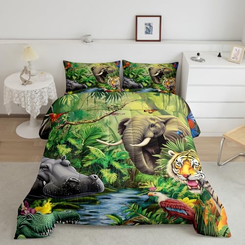 Jungle Animals Comforter Set - Queen Size Safari Animal Bedding with 1 Comforter and 2 Pillow Cases Erosebridal