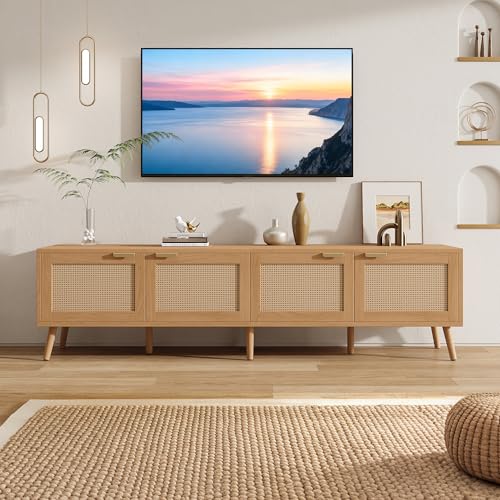 Merax Boho TV Stand for 80 Inch TV, 70" Rattan Entertainment Center with 2 Drawers and 3 Storage Cabinets, TV Media Console Table with Solid Wood Legs & Cable Holes for Living Room, Bedroom Merax