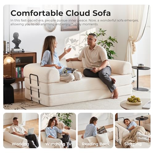 79" Convertible Sofa Bed No Assembly, 5-in-1 Sleeper with Fixed Frame & Corduroy Cloud Cushion, Foldable Futon Couch for Small Apartment, Guest Room, Office (Beige White) Bsxupke