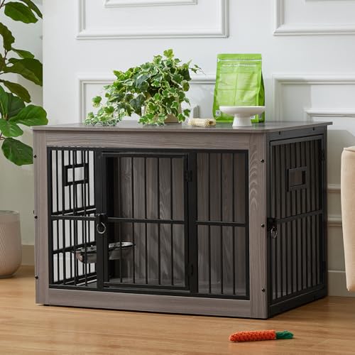 38 Inch Heavy Duty Dog Crate Furniture for Medium Dogs, Decorative Pet House End Table with 3 Doors & Adjustable Bowls, Wooden Cage Kennel Furniture Indoor, Rustic Grey Gardner Pet