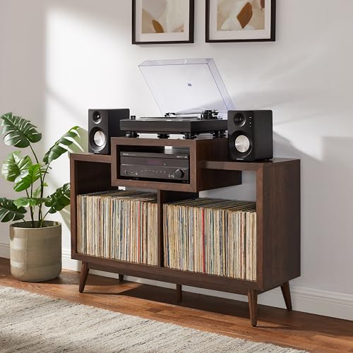 Crosley Furniture Nashville Mid Century Modern Console Record Player Stand, Stores Up to 220 Vinyl Records, Medium, Brown Crosley Furniture