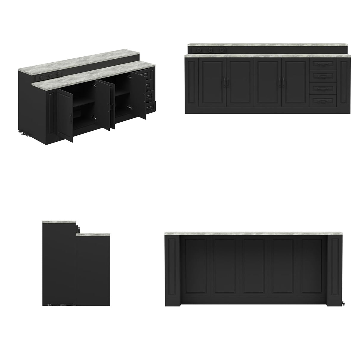 WOODTIME 94.5" W Stationary Kitchen Island Storage Cabinet with Built-in Power Outlet, 2 Countertop, Adjustable Shelves & 3 Drawers for Dining Room, Black & Marble Grain WOODTIME