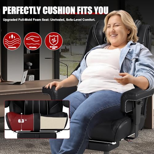600lbs Big and Tall Office Chair, Wide Ergonomic Leather Executive Chair for Heavy People with Foot Rest, High-Back Reclining Computer Chair with Swivel Wheels and Lumbar Support (Black) Box DesignLab