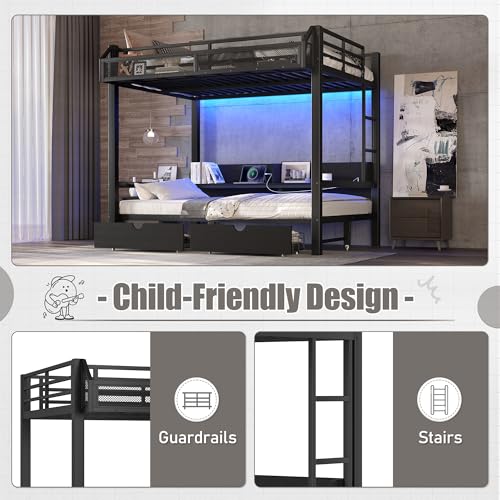 Bellemave Metal Full Over Full Size Bunk Bed Frame with Storage Drawers and Shelves,Heavy Duty Kids Bunk Beds with LED Lights and Charging Station for Teens,Adults,Convertible into a Sofa Bed,Black Bellemave