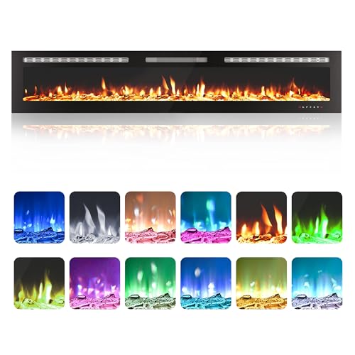50 Inch Built-In Electric Fireplace, 750/1500W Wall Mounted Recessed Heater with Remote, Timer, Touchscreen, 12 Flame Effects, Adjustable Brightness, Low Noise Linear Fireplace for Living Room Bedroom Hipicute