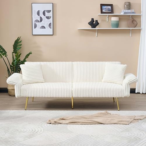 Japovker 79'' White Futon Sofa Bed, Corduroy Upholstered Folding Loveseat Couch with Adjustable Backrest and Armrests,Sleeper Sofa with Gold Metal Legs for Small Space Living Room (White) Japovker
