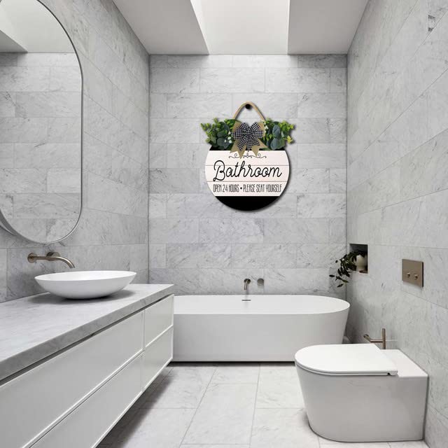 Bathroom Decor,Bathroom Open 24 Hours Please Seat Yourself Sign,Rustic Round Wooden Wreath Sign,Modern Farmhouse Home Accent For All The Seasons Hilonret