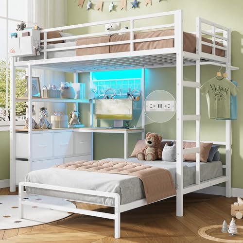 DICTAC Bunk Bed with L-Shaped Desk,5 Storage Drawers and 2 Shelves Metal Twin XL Over Twin Bunk Bed with LED Lights and Charging Station,bunk Beds with Safety Guardrail & Ladder,Space-Saving,White DICTAC