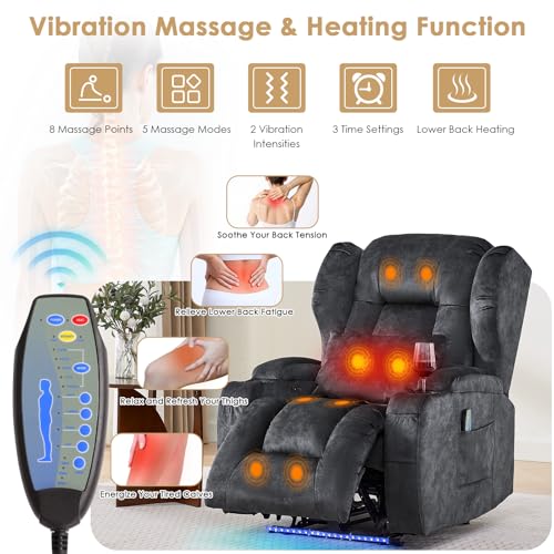 SAMERY Power Recliner Chair with Massage and Heat, Zero Wall Hugger Recliners Sofa Chair for Small Spaces, Theater Seating RV Sofa with LED Surround Lighting/USB/Cup Holders, Velvet, Charcoal