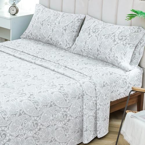 KACEMOO Bed Sheets Twin Size Light Gray Paisley Sheets Printed Floral Sheet Set Flower Pattern Deep Pocket Fitted Bed Sheet Set Microfiber Soft Breathable 1800 Thread Count Single Bedding Set KACEMOO