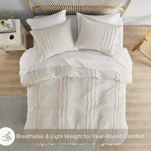 Comfort Spaces Cream King Size Duvet Cover Set - 3 Pieces Pintuck Pleated Duvet Cover, All Season Lightweight, Extra Softness Pre-Washed Microfiber King Bedding Cover Shams Comfort Spaces