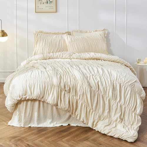 Bonlino Queen Comforter Set - Ruched Comforter Queen Size Bed Set Boho Shabby Chic Bedding for Bedroom Comforter Fluffy 3 Piece Ruffle Comforter Set with Pillow White Bedding Soft Bonlino
