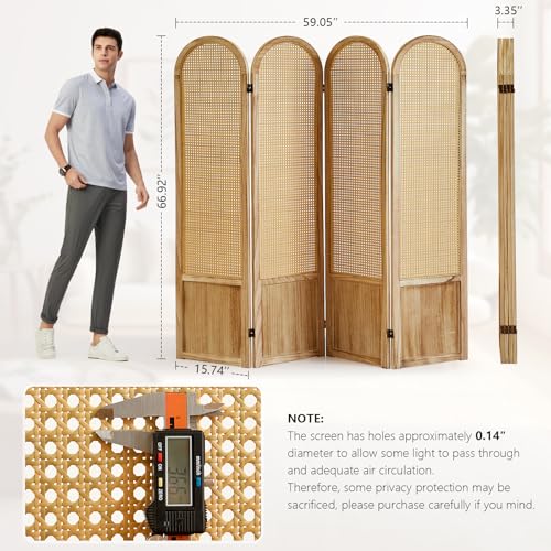 Asnefeli Room Divider 4 Panel, Folding Privacy Screen, Foldable Wood Divider Room Dec, Rattan Room Divider, Portable Partition Screen, Wall Divider for Room Separation Bedroom Home Office (Natural) Asnefeli