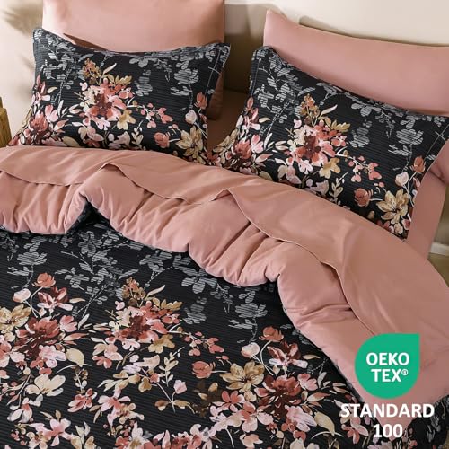 Dobuyly Black Comforter Queen Size Set, 7 Piece Floral Bedding Comforter Set, Black and Pink Bed in a Bag Botanical Flower Pattern with Sheets, Pillowcases & Shams All Season Dobuyly