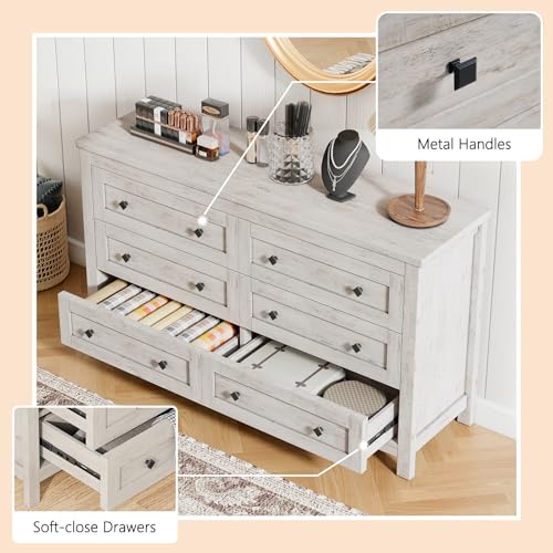 LUXOAK Farmhouse 6 Drawers Dresser, Wood Rustic Chest of Drawers for Bedroom, Closet Storage Dressers Organizer, 6 Drawers Chest for Living Room, Hallway, Rustic White LUXOAK