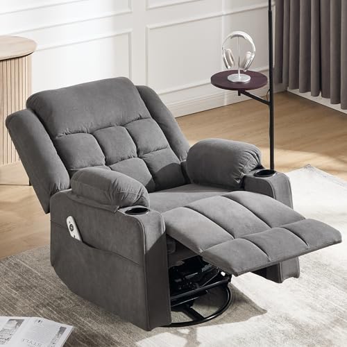 Ketaiyou Swivel Rocker Recliner Chair for Adults with Massage and Heat, Cup Holders and Side Pockets, Glider Rocking Reclining Single Sofa Chair for Living Room(DK Grey)