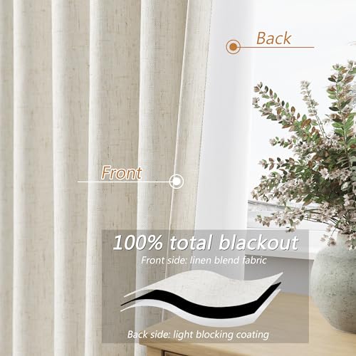 Cream Linen Blackout Curtains 108 Inch Length 2 Panels Set for Living Room Bedroom Back Tab Thermal Insulated 100% Black Out Linen Drapes Room Darkening Window Curtains 108 Inches Long Ivory Natural Guken