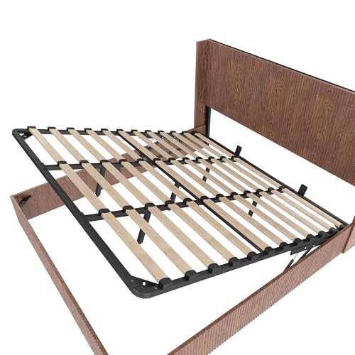 MoproBeti Lift Up Storage Bed King, Mid Century Hydraulic Lift King Storage Bed with Raised Wingback Headboard, Space Saving Storage, Heavy Duty Steel & Wood Slats,No Box Spring Needed,Natural MoproBeti