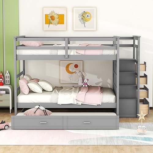 Full Over Full Bunk Bed with Trundle & Drawers & Storage Staircase,Wooden Full Triple Bunk Bed Frame with Full-Length Safety Guardrails and Headboard for Kids Teens Bedroom,Wood Slat Support,Gray Harper & Bright Designs