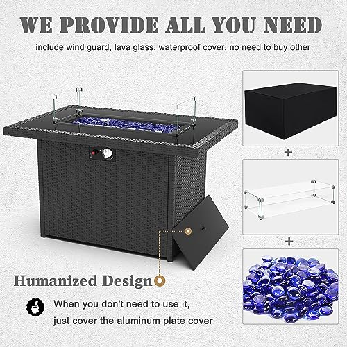 Vakollia 13 Pieces Patio Furniture Set with 44" Propane Gas Fire Pit Table, Outdoor Sectional Wicker Conversation Sofa Sets with Coffee Table Vakollia