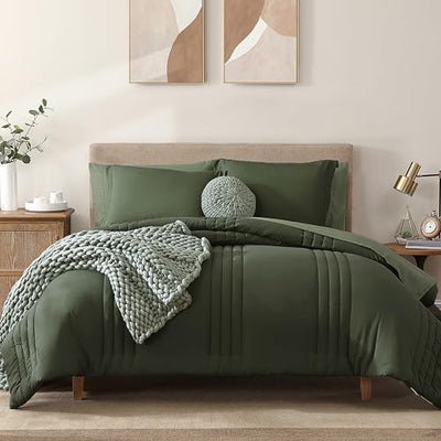 Monbix Queen Comforter Set - 7 Pieces Olive Green Bed in a Bag Queen Bedding Sets with Comforters, All Seasons Comforter Bed Set with Sheets, Pillowcases & Shams