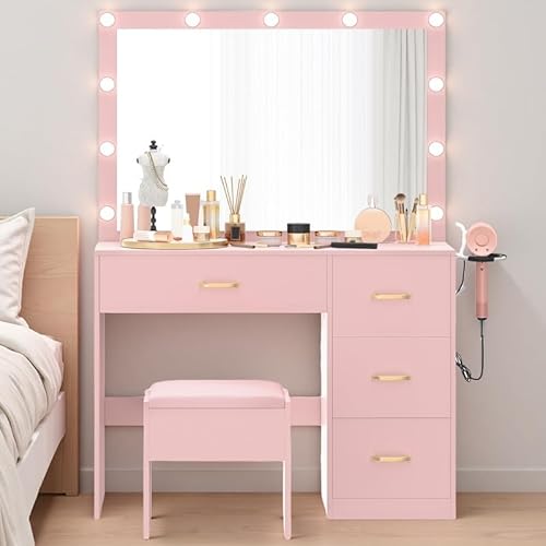 DWVO Vanity Desk with Large Mirror and Lights, Makeup Vanity Set with 11 LED Bulbs and Power Outlet, 4 Storage Drawer, Dressing Table with 3-Color Adjustable Lighting, Vanity Stool, Pale Pink DWVO