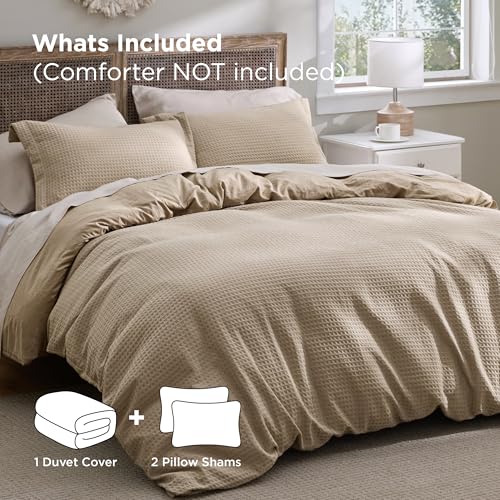 Bedsure Luxury Waffle Duvet Cover King Size - Textured Duvet Cover Set, Soft, Breathable Bedding Set (104"x90") with 2 Pillow Shams for All Season, Khaki, Comforter Not Included Bedsure