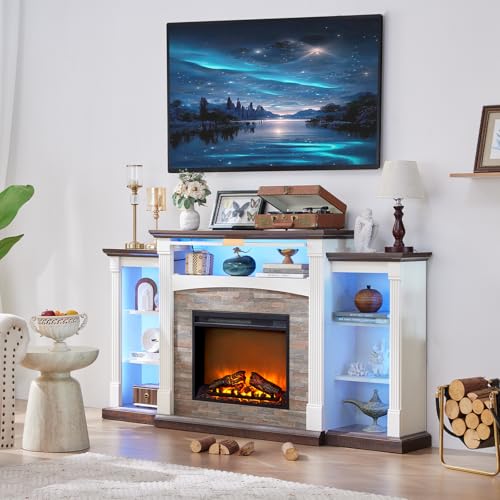 SAVOR LIFE Fireplace TV Stand for 80'' TV, 70" Electric Fireplace with Mantel, White Entertainment Center with Electric Fireplace & LED Lights, TV Console Fire Place TV Stands for Living Room SAVOR LIFE