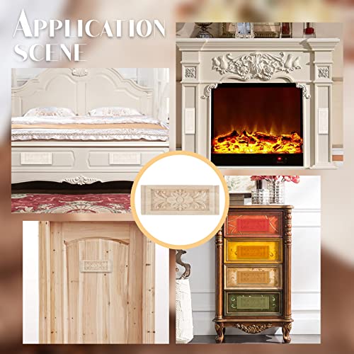 SUPERFINDINGS 2PCS Rectangle with Flower Wood Carving Decal 6.3x2.4inch Unpainted Home Furniture Applique Decor Natural Solid Wood Carved Onlay for SUPERFINDINGS