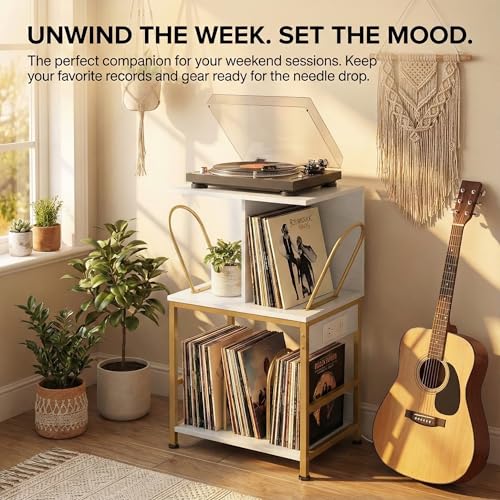 ZEXVIDA Record Player Stand with Vinyl Storage, Large Record Table Holds 180 Albums, Vinyl Record Storage Stand with USB Charger, Multi-Functional Side Table & Shelf for Living Room Bedroom ZEXVIDA