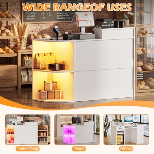 Modern Reception Desk with LED Light and Open Shelves, Front Desk with Lockable Drawers & Keyboard Tray,Reception Counter Table with Storage for Checkout, Office, Lobby, Nail Salon Spa (C.White) SDMY
