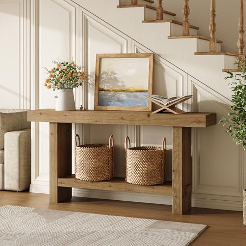 TRIBEWOOD 63-Inch Solid Wood Console Table, 2-Tier Narrow Farmhouse Entryway Table for Hallway, Entrance, Living Room, Behind The Couch,Brown TRIBEWOOD