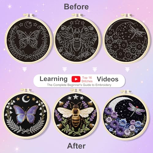 Huacan Embroidery Kit for Adults Beginner - Embroidery Kits 3 Pcs Stamped Stitch Practice Multiple Butterfly Pattern with 3 Hoops, DIY Sewing Kit with Gift Box 7.9 x 7.9 Inch (Butterfly 1)