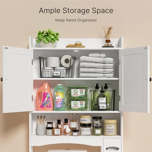 Ahomly Over The Toilet Storage Cabinet, 32.3" W x 70.3" H Over Toilet Bathroom Organizer with Doors, Adjustable Shelves, Toilet Paper Holder, 2 Side Hooks, Space-Saver for Bathroom, Laundry, White Ahomly