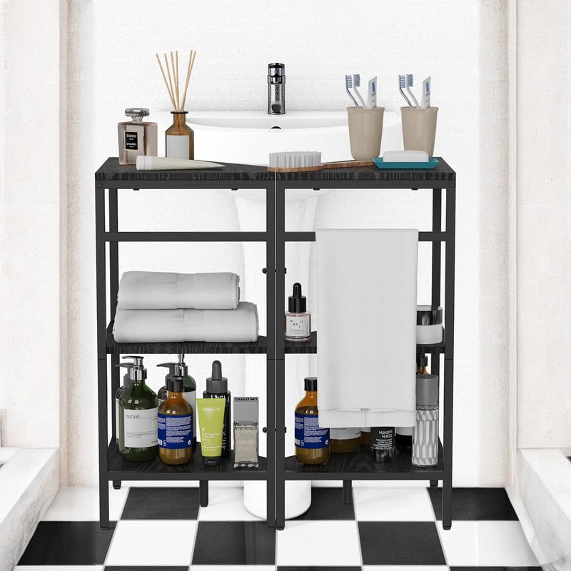 Under Pedestal Sink Shelf, 2 Pack Under Sink Organizers and Storage, 3-Tier Pedestal Under Sink Storage Bathroom Vanity, Corner Shelf Stand for Bathroom, Kitchen, Living Room, Black CADUKE