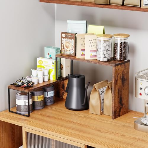 Vfelf Kitchen Countertop Organizer, Spice Rack Cabinet Organizer Shelf Stackable Counter Corner Shelves Organization and Storage for Pantry, Counter top, Coffee Station Wood Rustic Brown Vfelf