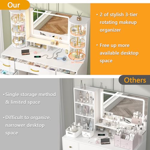 Vanity Desk with Mirror and Lights, White Makeup Vanity Table with 360° Roating Shelves, Large Vanity Desk with 7 Drawers, Power Outlet, Dressing Table Set with Lighted Mirror Adjustable, for Bedroom Aiguazi
