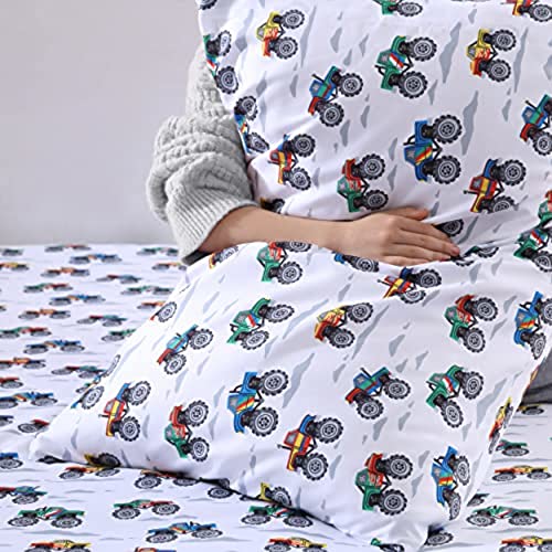 Poppy & Fritz Kids, Full Sheet Set, Stain Resistant Kids Bedding, Soft & Cozy Toddler Bedding Set (Trucks Grey, Full) Poppy & Fritz