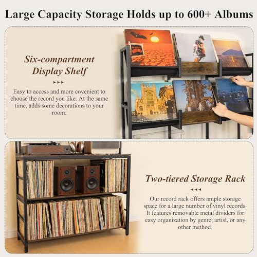 Aquzee Extra Large Record Player Stand, Vinyl Record Stand Hold Up to 600 Albums, Turntable Stand with Record Display Shelf, Record Player Table for Living Room Bedroom Music Room Studio, Rustic Brown Aquzee
